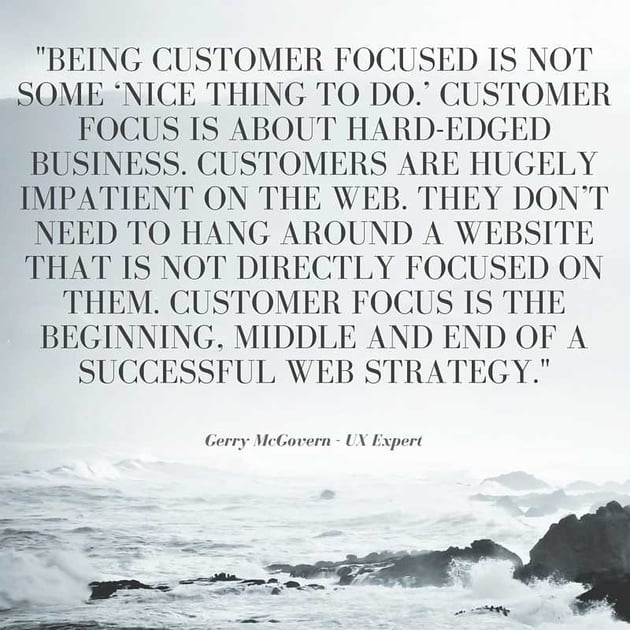 quote from gerry mcgovern, ux expert - "Being customer focused is not some 'nice thing to do.' customer focus is about hard-edged business. Customers are hubely impatient on the web. They don't need to hang around a website that is not directly focused on them. Customer focus is the beginning, middle, and end of a successful web strategy."