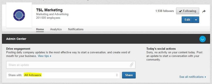 image showing linkedin company page default view to share with all followers