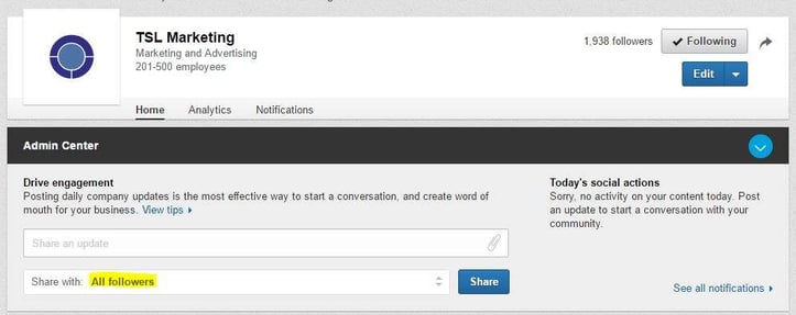 image showing linkedin company page default view to share with all followers