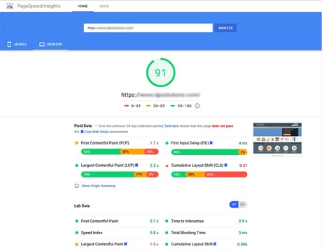 Screenshot of Google PageSpeed Insights free test