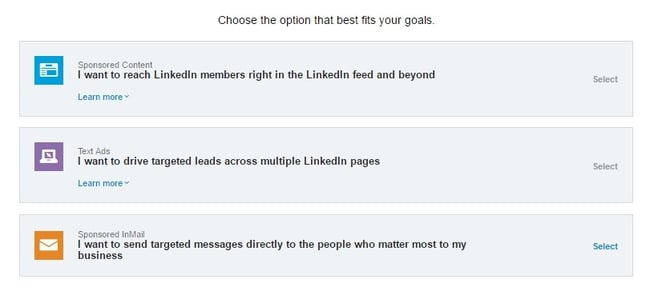 linkedin advertising choices - sponsored content, text ads, sponsored InMail