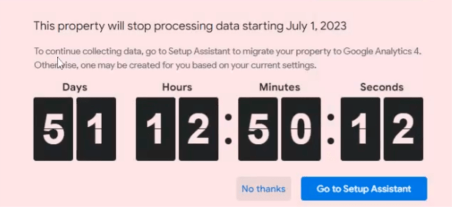 screenshot of a warning as seen within Google analytics to migrate to GA4 before the deadline