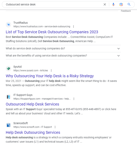 Google Search of Outsources service desk